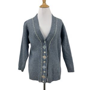 Amore Cardigan Sweater Womens Medium Cloudy Blue Virgin Wool V Neck Shell Button